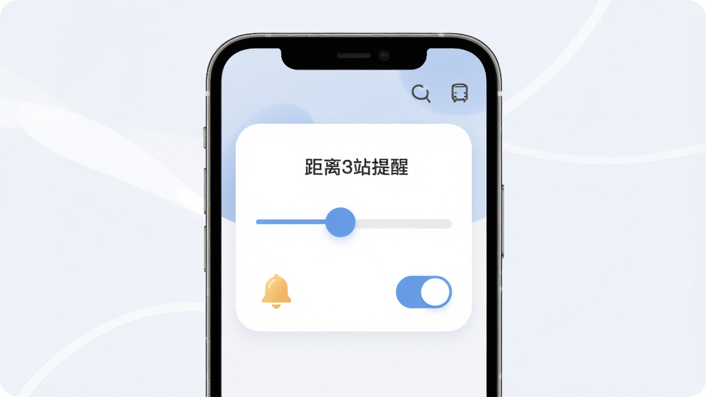 公交乘车速查APP的到站提醒设置界面,画面主体为手机屏幕,屏幕内显示一个设置滑块和“距离3站提醒”的文字,布局为居中卡片式,风格柔和圆角,细节包括铃铛图标和开关按钮,画质清晰,干净,无多余元素