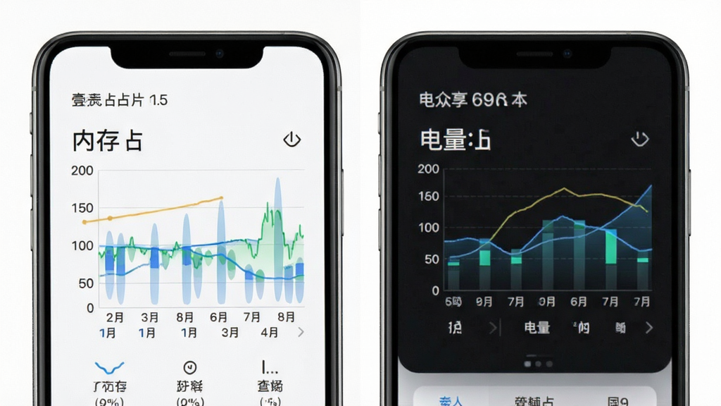 壹众享应用运行在手机屏幕上,旁边显示内存占用和电量消耗的低数值图表,背景为纯白,风格简约数据可视化,画质清晰,干净,无多余元素