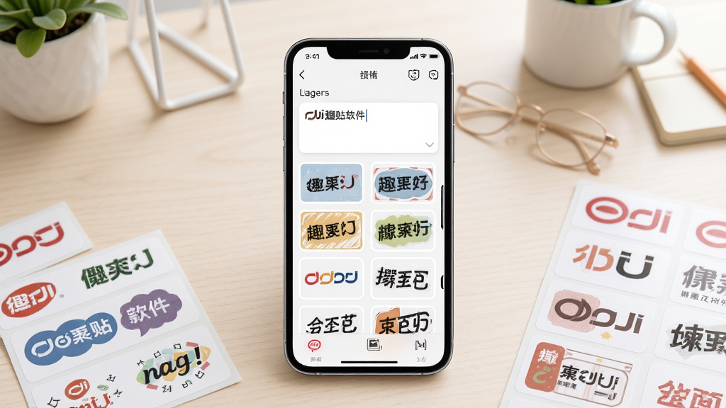 得力趣贴贴软件主界面展示,画面中央是一部智能手机,屏幕上显示标签编辑界面,包含文字输入框和多种模板缩略图,周围散落着几张打印好的标签贴纸,背景是整洁的桌面环境,整体风格清新明亮,排版简洁直观,细节丰富,画质清晰,干净无多余元素