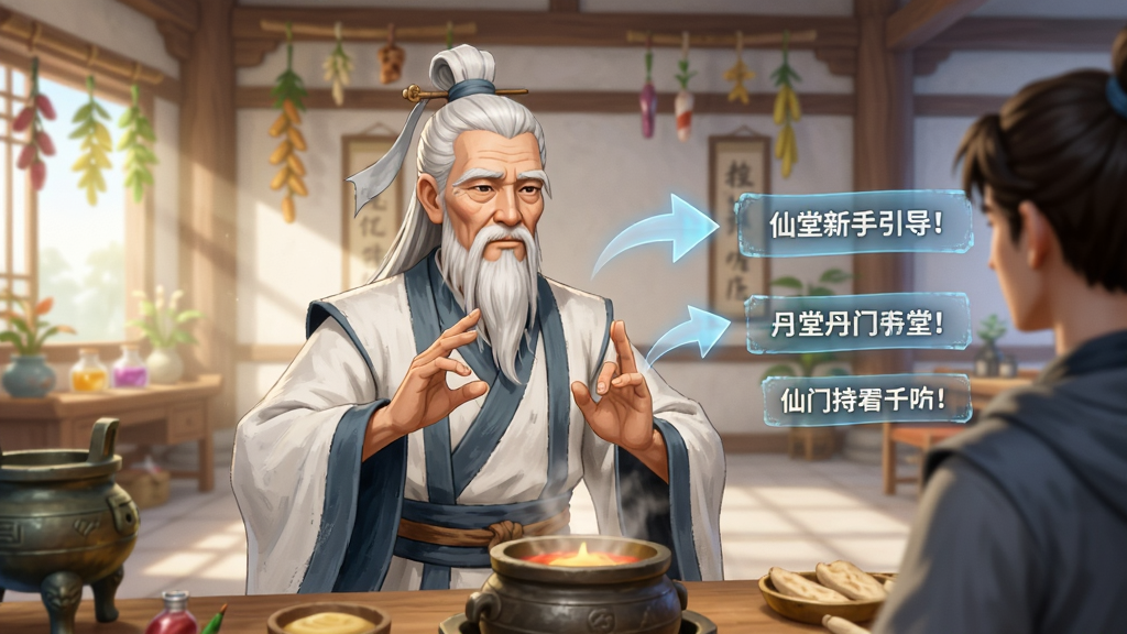 仙门丹堂新手引导界面,画面展示一位仙风道骨的老者正在向玩家演示炼丹手势,旁边有半透明的操作指引箭头与文字说明,背景是丹堂内部,风格清新明亮,画质干净,无多余装饰