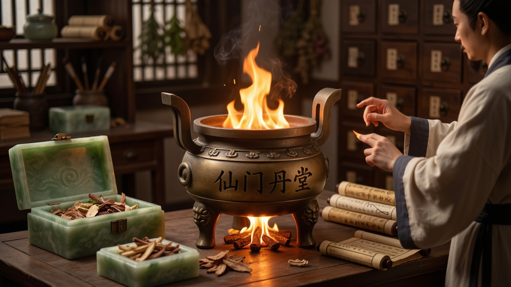 仙门丹堂炼丹房内部场景,画面中央是一座青铜丹炉,炉火正旺,炉身刻有仙门丹堂字样,周围摆放着各种药材玉盒与丹方卷轴,一位炼丹师正在掐诀控火,背景是古朴的木架与药柜,光影温暖,国风写实风格,画质细腻干净
