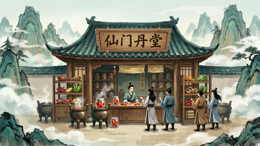 仙门丹堂游戏主界面全景图,画面中央是一座古色古香的丹药铺子,木质牌匾上写着仙门丹堂四个大字,铺子前方摆放着各式丹炉与药材架,周围有云雾缭绕的仙山背景,几位身穿古装的修仙弟子正在挑选丹药,整体采用国风水墨画风格,色调以青绿与暖棕为主,细节精致,画质清晰干净,无多余元素