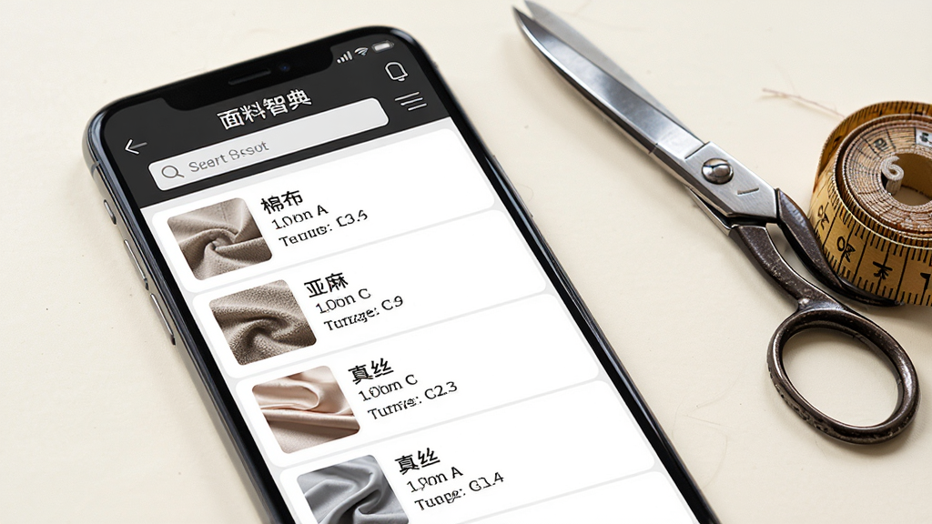 面料智典应用内面料数据库界面,画面展示手机屏幕特写,屏幕上呈现面料智典的搜索结果页面,列表中有棉布、亚麻、真丝等条目,每条目配有缩略图和简要参数,背景为柔和的米白色,旁边放着一把裁缝剪刀和一卷皮尺,风格为清新写实风,细节包括界面文字清晰可辨、布料缩略图质感真实,画质高清,干净,无多余元素