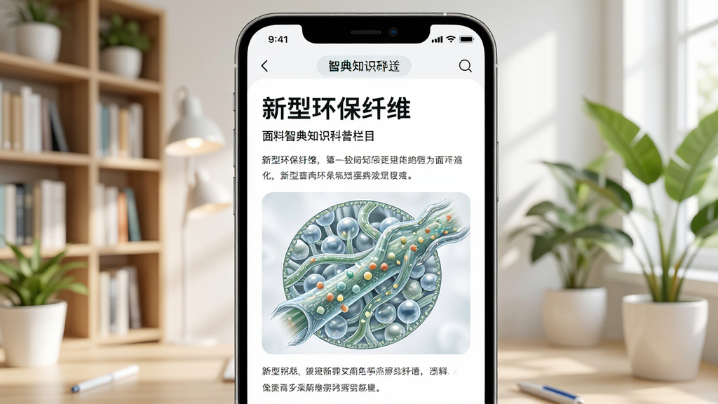 面料智典知识科普栏目界面,手机屏幕显示一篇关于新型环保纤维的文章,配有纤维微观结构插图,背景是明亮的学习空间,有书架和绿植,风格为知识科普风,细节包括文章排版舒适、插图精致,画质高清,干净,无多余元素