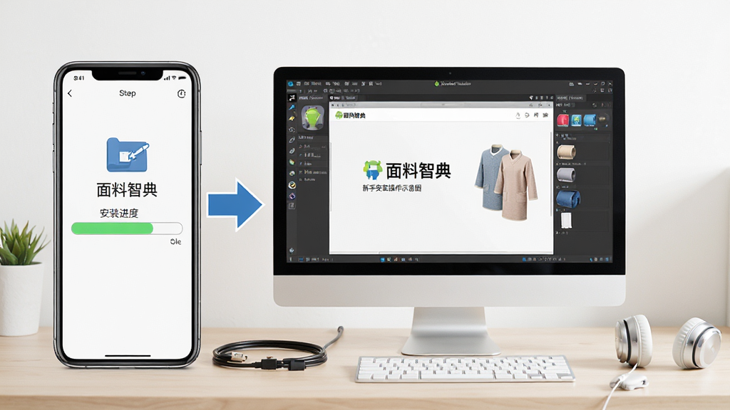 面料智典新手安装操作示意图,画面展示一部手机和一台电脑,手机屏幕上显示安装进度条,电脑屏幕上显示安卓模拟器运行面料智典的界面,背景是整洁的桌面,有数据线和耳机,风格为教程图解风,细节包括步骤箭头清晰、设备图标明确,画质高清,干净,无多余元素