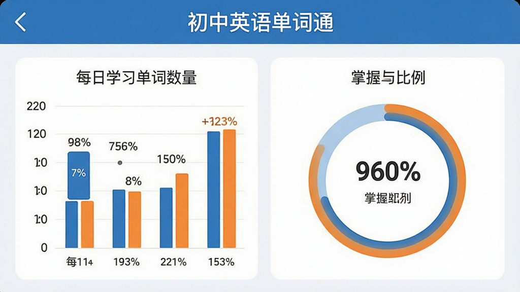 ����Ӣ�ﵥ��ͨѧϰ����ͳ��ҳ�棬�ֻ���Ļ��չʾ��״ͼ�ͻ��ν���ͼ��ͼ����ʾÿ��ѧϰ�������������ձ�����������ɫ����ɫ�ͳ�ɫΪ�������ݱ�ǩ���������רҵ��࣬�Ű�����������������ɾ��޶���Ԫ�أ�ҳ�涥����ע������Ӣ�ﵥ��ͨ��