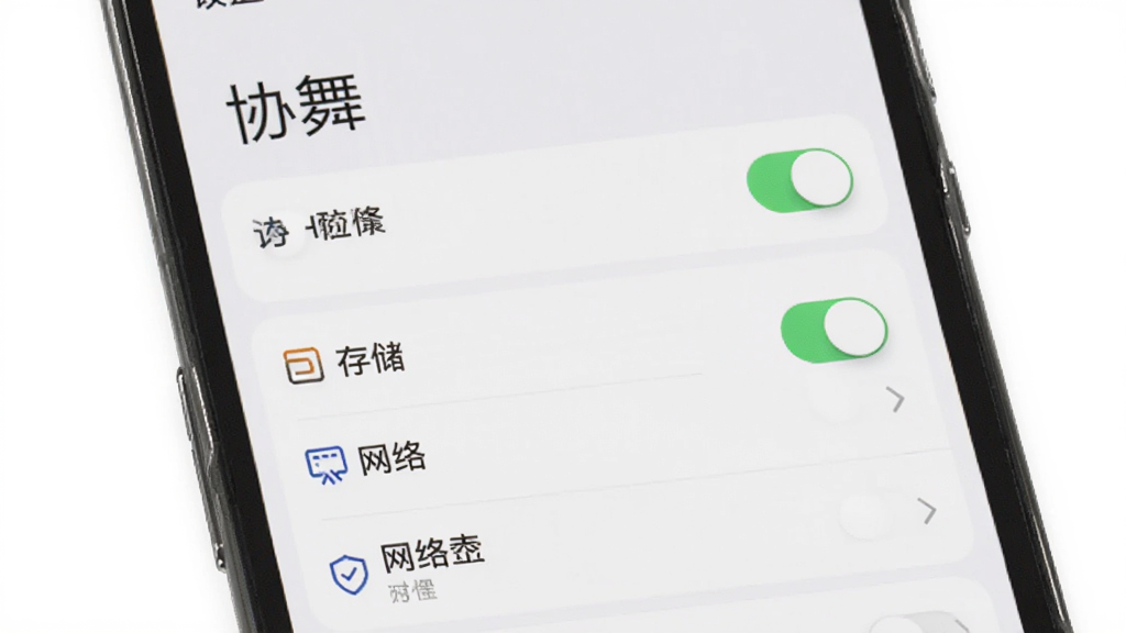 软件名称“协舞”,主体为手机屏幕显示设置权限界面,布局为竖屏列表形式,风格为简洁系统UI,细节包括权限开关图标、存储与网络选项,画质清晰,干净,无多余元素