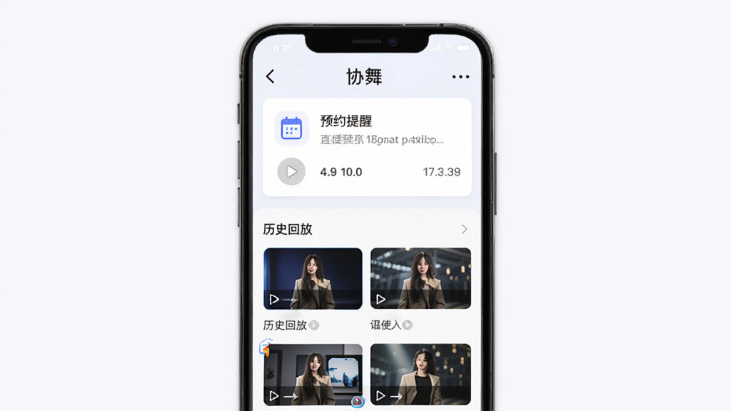 软件名称“协舞”,主体为手机屏幕显示直播预约界面与回放列表,布局为上下结构,上方为预约提醒卡片,下方为历史回放缩略图列表,风格为简洁浅色系UI,细节包括日历图标、播放按钮、时间标签,画质清晰,干净,无多余元素