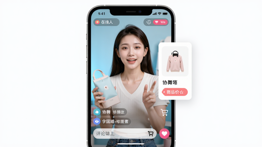 软件名称“协舞”,主体为手机屏幕中的直播间画面,主播手持商品正在讲解,屏幕右侧悬浮商品卡片,下方有评论输入框和点赞按钮,布局为手机竖屏界面特写,风格为明亮清新的电商直播UI,细节包括在线人数显示、商品价格标签、购物车图标,画质清晰,干净,无多余元素