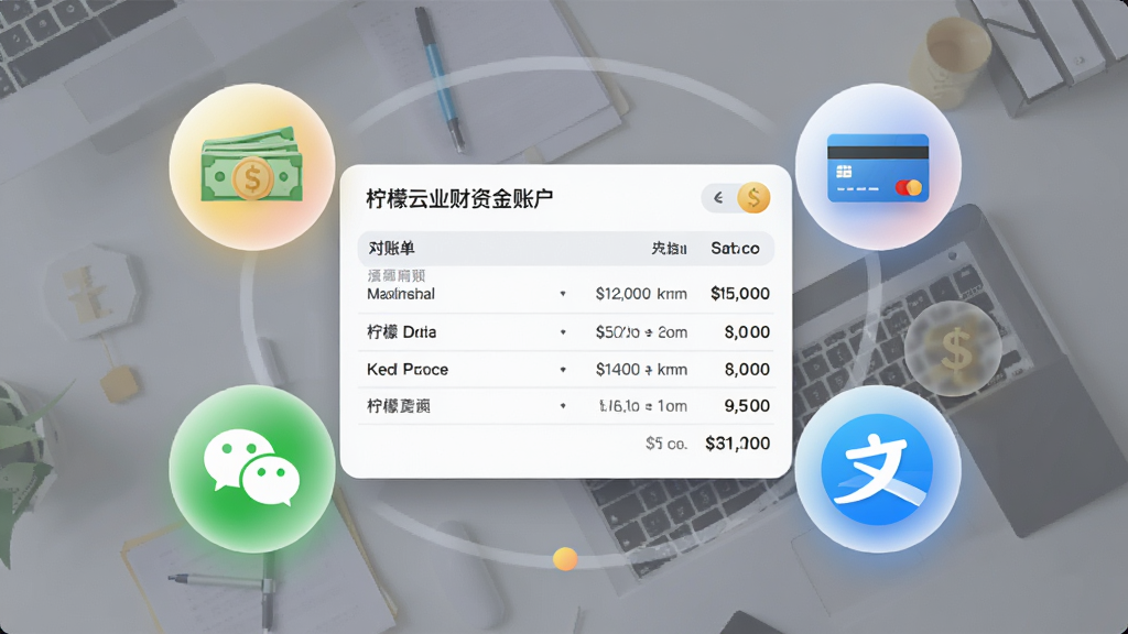 柠檬云业财资金账户与往来对账界面图,画面中央为一张悬浮的财务对账单表格,周围环绕着现金、银行卡、微信、支付宝四个圆形图标,布局为环绕式构图,风格为简约商务风,细节上突出对账单数字的清晰可读和图标色彩的柔和过渡,画质为高清2K,干净无多余元素