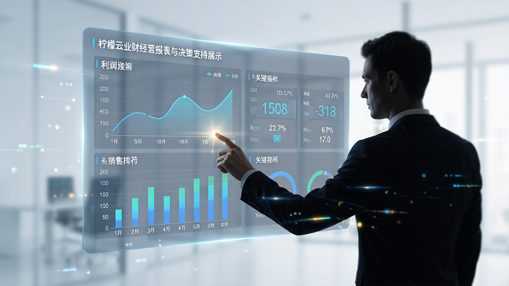 柠檬云业财经营报表与决策支持展示图,画面为一块悬浮的透明数据看板,上面显示利润曲线、销售排行柱状图和关键指标数字,一位商务人士站在看板前用手指触控分析,布局为前后景深构图,风格为未来科技风,细节上突出数据可视化的光影效果和人物剪影的简洁感,画质为高清4K,干净无多余元素