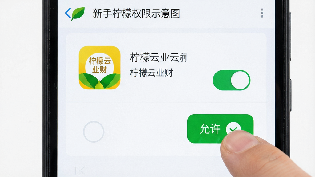 柠檬云业财新手安装与权限设置示意图,画面为一部安卓手机屏幕特写,显示应用权限管理界面和柠檬云业财的图标,旁边有手指点击“允许”按钮的动作,布局为特写居中构图,风格为简洁教程风,细节上突出权限开关的绿色状态和界面文字的清晰度,画质为高清2K,干净无多余元素