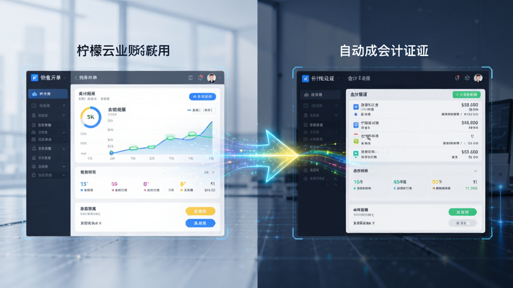 柠檬云业财业务财务一体化功能展示图,画面左侧为销售开单界面,右侧为自动生成的会计凭证界面,中间用发光箭头连接,布局为左右对比式,风格为科技商务风,细节上突出数据流转的动态光效和界面元素的清晰层次,画质为高清4K,干净无多余元素