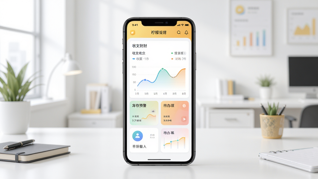 柠檬云业财软件主界面全貌展示,画面中央放置一部智能手机,屏幕显示柠檬云业财的仪表盘数据看板,包含收支曲线、库存预警和待办事项卡片,背景为明亮的现代化办公室桌面,布局采用居中构图,风格为清爽扁平化UI风格,细节上突出图标的圆润感和数据图表的渐变色彩,画质为高清2K,干净无多余元素