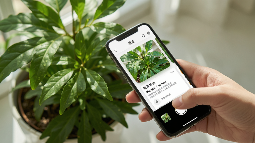 画面主体为一只手拿着手机对准一株绿色植物拍照,手机屏幕显示植迹识别结果页面,页面中有植物名称和详情卡片,布局为对角线构图,风格写实清新,细节有阳光透过叶片的斑驳光影,画质高清,干净,无多余元素