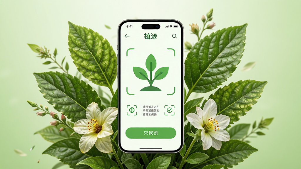 画面中央一部智能手机,屏幕上显示植迹应用界面,界面中有绿色植物图标和识别按钮,手机周围环绕各种绿色植物叶片和花朵,背景为浅绿色渐变,排版居中,风格清新自然,细节有植物纹理和柔和光影,画质高清,干净,无多余元素