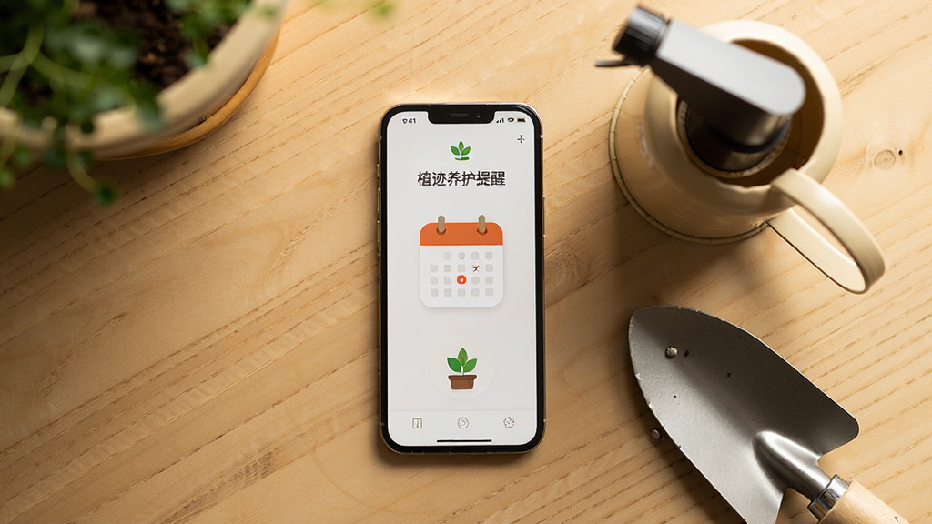 画面中央一部手机显示植迹养护提醒界面,界面中有日历图标和植物小图,手机旁边放着小喷壶和铲子,布局为俯视平铺,风格简约温馨,细节有木质桌面纹理和柔和光线,画质高清,干净,无多余元素
