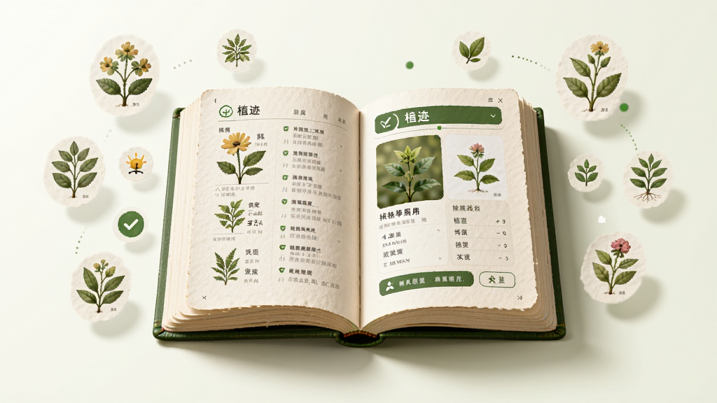 画面中央一本虚拟植物百科书展开,书页上显示植迹应用中的植物详情页,周围漂浮着各种植物插画和小图标,布局为对称居中,风格知识科普,细节有纸张纹理和柔和投影,画质高清,干净,无多余元素