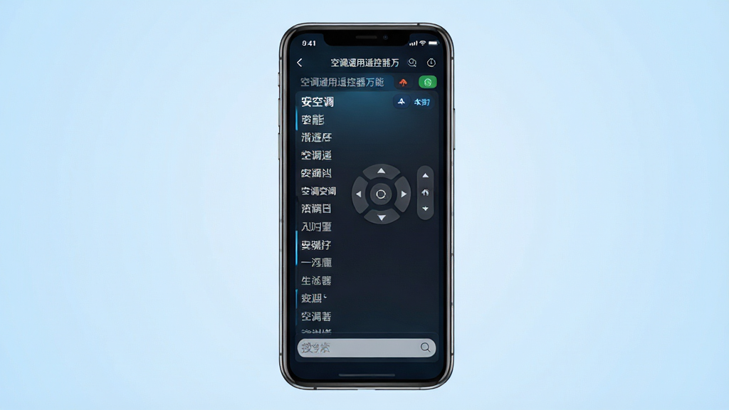 空调通用遥控器万能软件界面截图,画面中央是智能手机,屏幕上显示长长的空调品牌列表和搜索框,背景是干净的浅蓝色渐变,风格科技感十足,细节精致,画质清晰,文字内容为“空调通用遥控器万能”,无多余杂物