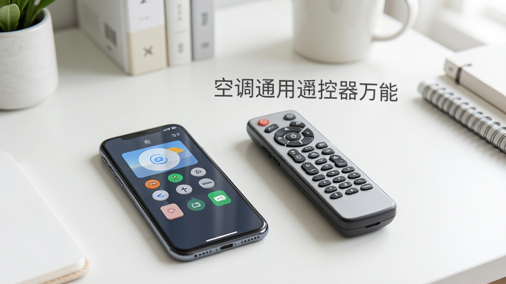 一部手机放在桌面上,屏幕显示空调通用遥控器万能的遥控界面,旁边放着一个传统空调遥控器作为对比,背景是简洁的书桌环境,风格清新明亮,细节清晰,画质高清,画面中带有“空调通用遥控器万能”文字,干净无杂乱