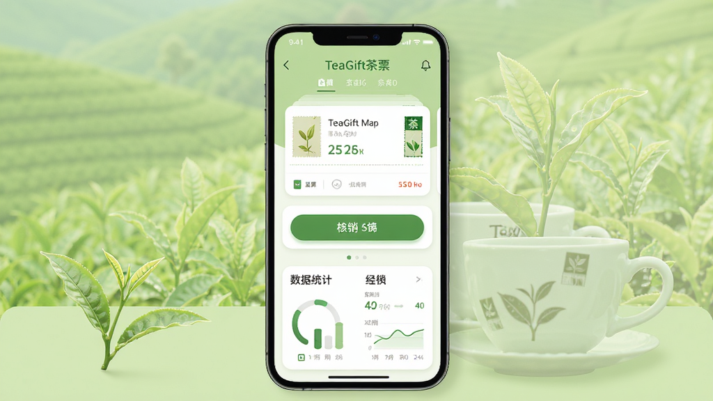 一张展示TeaGift茶票手机应用主界面的图片,画面中央是一台竖屏智能手机,屏幕显示茶票管理首页,包含茶票卡片、核销按钮与数据统计区域,背景为浅绿色茶田与茶杯元素,整体排版简洁清晰,风格现代扁平化,细节包含圆角卡片和柔和阴影,画质高清,干净,无多余元素。