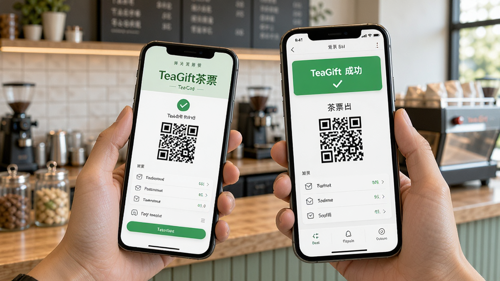 一张展示TeaGift茶票扫码核销场景的图片,画面中一只手拿着手机对准另一部手机上的二维码,屏幕显示核销成功提示与茶票信息,背景为茶饮店内吧台环境,排版以手机屏幕为中心,风格写实清新,细节包含绿色对勾图标与数据列表,画质高清,干净,无多余元素。