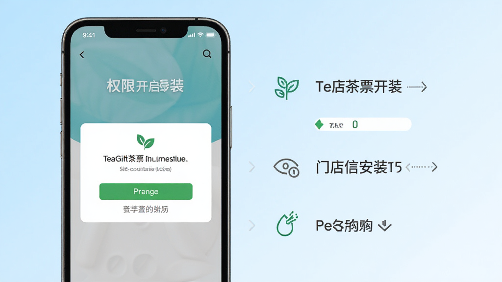 一张展示TeaGift茶票安装设置引导页的图片,画面主体为手机屏幕,屏幕中显示权限开启提示与门店信息填写界面,背景为浅蓝色渐变,排版分步引导式,风格清新简洁,细节包含图标与进度条,画质高清,干净,无多余元素。