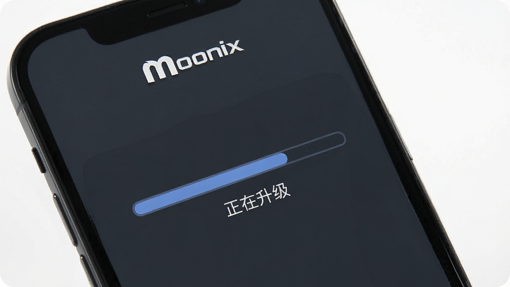 手机屏幕显示Moonix应用的固件升级界面,画面中央有进度条和“正在升级”字样,背景为深灰色,界面顶部有“Moonix”Logo,整体风格简洁专业,画质清晰,干净,无多余元素