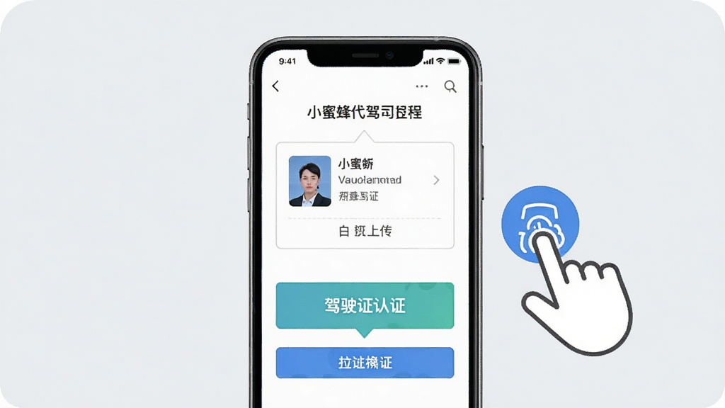 小蜜蜂代驾司机端新手操作引导页面展示,画面中手机屏幕显示代驾司机注册认证流程界面,有身份证上传框和驾驶证认证步骤提示,屏幕旁有手指点击引导图标,背景为淡灰色简约风格,布局清晰有序,画质高清干净无多余元素