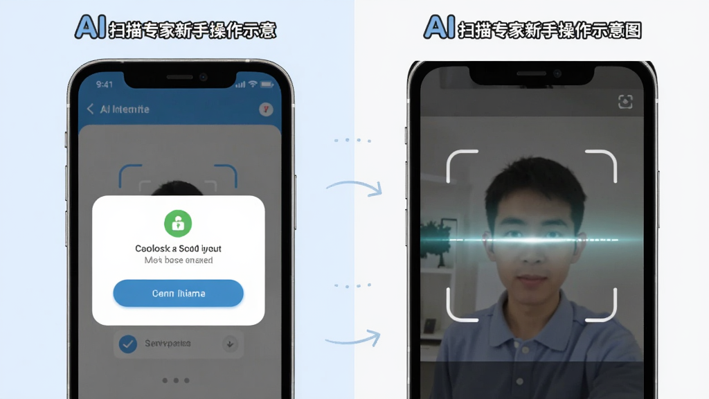 AI扫描专家新手操作示意图,主体是手机屏幕显示权限授权弹窗和扫描界面,布局为左右分屏展示安装后首次打开的步骤,排版清晰,风格为友好提示风,细节包括权限图标和下一步按钮,画质清晰,干净,无多余元素