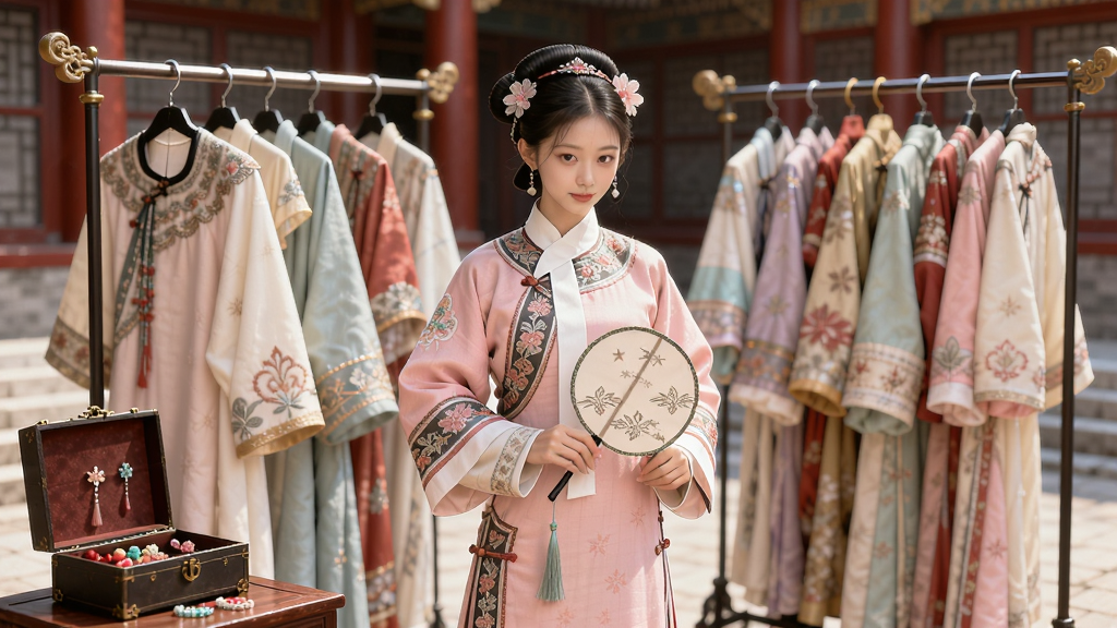 一位古风少女站在宫廷庭院中,身穿粉色与白色相间的清代旗装,手中拿着团扇,周围摆放着多个衣架和首饰盒,衣架上挂满各式华丽的古装服饰,画面明亮清新,风格唯美写实,画质高清,干净整洁,无多余元素