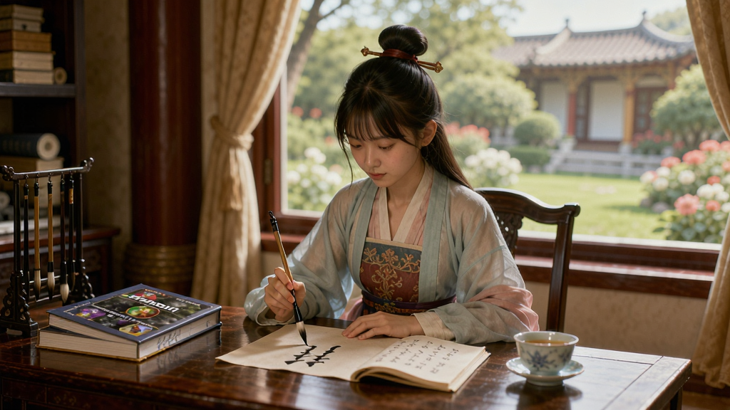 一位古装少女坐在宫殿书房中,手持毛笔认真书写,桌面上摆放着游戏攻略书和茶杯,窗外是宫廷花园景色,画面温馨安静,风格清新写实,画质高清,干净无多余元素