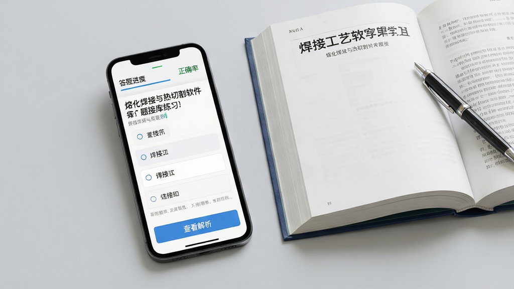 一张展示熔化焊接与热切割软件题库练习界面的图片,画面中手机屏幕显示一道焊接考试选择题,题目文字清晰可见,下方有四个选项按钮和查看解析按钮,屏幕上方显示答题进度和正确率,手机旁边放置一本翻开的焊接工艺书籍和一支笔,背景为浅灰色桌面,布局居中,风格简约清晰,细节精致,画质干净,无多余元素