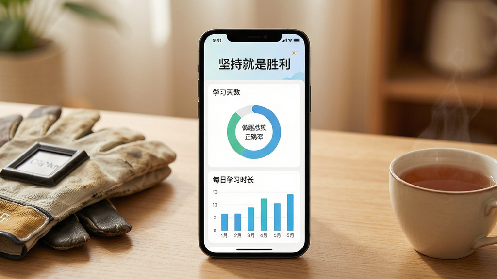 一张展示熔化焊接与热切割软件学习统计页面的图片,手机屏幕显示学习天数、做题总数、正确率环形图、每日学习时长柱状图,屏幕上方有