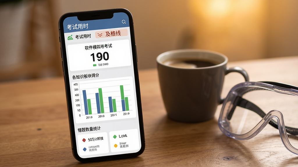 熔化焊接与热切割软件模拟考试成绩报告界面,手机屏幕展示成绩分数、各知识板块得分柱状图、错题数量统计,屏幕上方显示考试用时和及格线标识,手机放置在木质桌面上,旁边有一杯咖啡和一副防护眼镜,背景温暖柔和,布局居中,风格清新商务,细节丰富,画质清晰干净,无多余元素