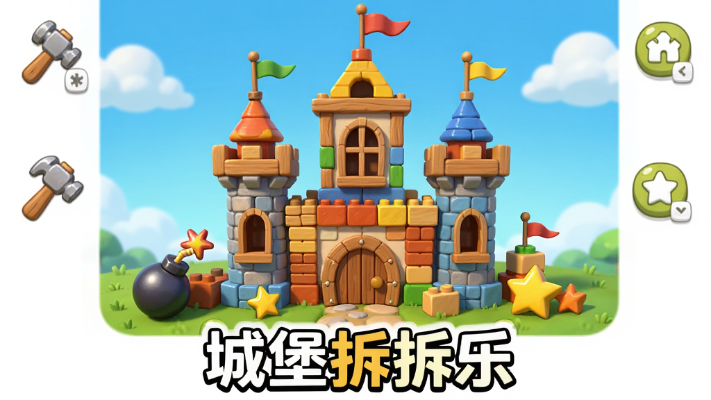一座色彩鲜艳的卡通城堡矗立在画面中央,城堡由积木、砖块和木质结构组成,周围散落着锤子、炸弹和星星道具,背景是蓝天白云和绿色草地,画面布局为横向宽幅构图,城堡占据视觉中心,四周留白用于展示UI按钮,整体风格为Q版卡通休闲风,细节上城堡有窗户、旗帜和可拆卸的砖块纹理,画质清晰明亮,干净无多余元素,图片下方用醒目字体标注“城堡拆拆乐”