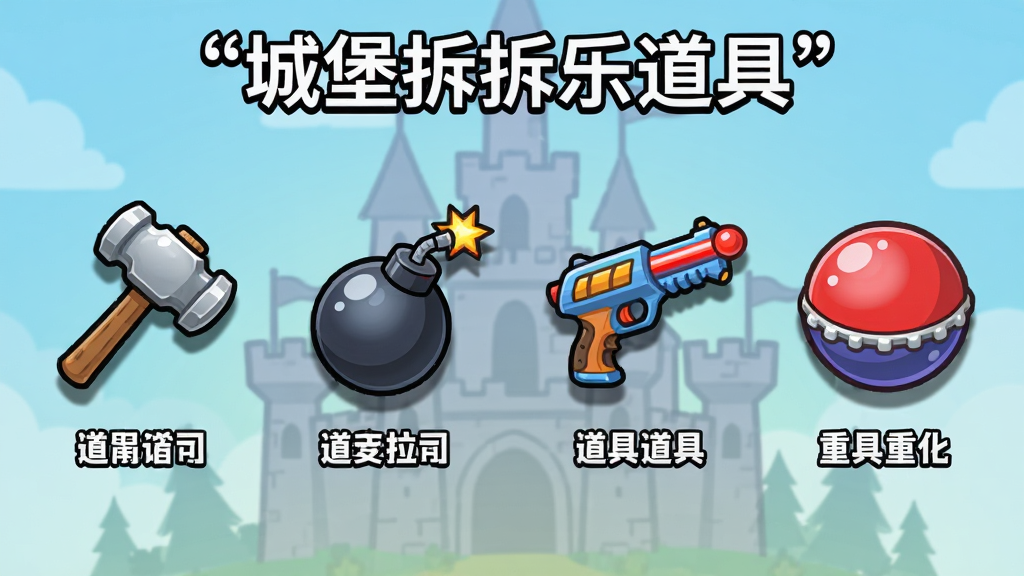 道具选择界面,画面中展示锤子、炸弹、激光枪和重力球四个道具图标,每个图标下方有简要文字说明,背景是半透明的城堡轮廓,整体布局为横向排列,风格为扁平化卡通,色彩鲜明,细节上道具带有光泽和阴影效果,画质清晰,干净无多余元素,图片顶部用引号标注“城堡拆拆乐道具”