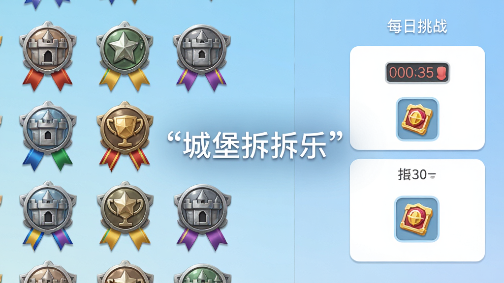 成就与每日挑战界面,画面左侧是成就徽章墙,右侧是每日挑战卡片,卡片上显示倒计时和奖励图标,背景为淡蓝色渐变,整体布局为左右分栏,风格为清新简约,细节上徽章有金属质感和彩色缎带,画质高清,干净无多余元素,图片中央用引号标注“城堡拆拆乐”