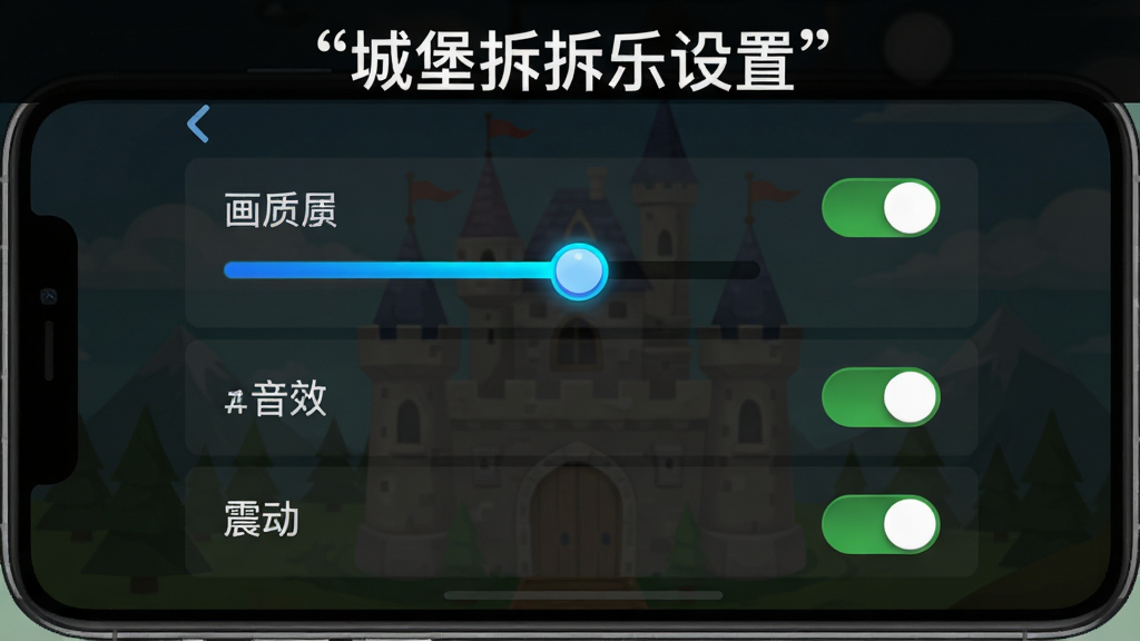 手机屏幕显示城堡拆拆乐游戏设置界面,画面中有画质调节滑块、音效开关和震动开关,背景为深色半透明,整体布局为纵向列表,风格为简约科技感,细节上滑块带有蓝色高光,开关按钮为绿色,画质清晰,干净无多余元素,图片顶部用引号标注“城堡拆拆乐设置”
