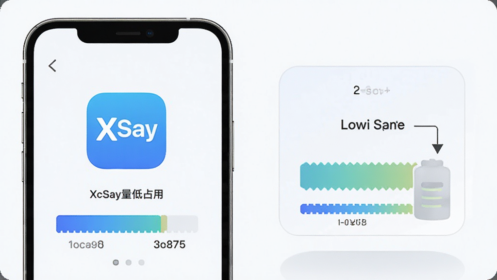 一张展示XSay轻量低占用特点的示意图,主体为一部手机和简洁的存储空间示意图,屏幕中显示“XSay”图标和低占用数据条,布局为左右分栏,风格极简科技风,细节上突出小体积和低内存占用,画质清晰干净,无多余元素