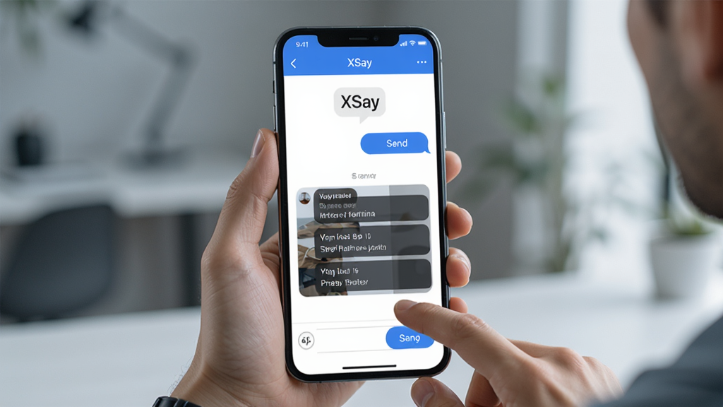 一张展示XSay消息快捷发送功能的场景图,主体为手持手机的用户,手机屏幕显示“XSay”聊天界面,界面中有发送按钮和快捷短语区域,布局为竖屏居中,风格现代科技感,细节上手指正点击发送按钮,画质清晰干净,无多余元素