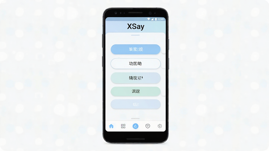 一张展示XSay软件主界面的预览图,主体为一部竖屏安卓手机,屏幕内呈现简洁的聊天辅助工具界面,顶部有“XSay”文字标识,中部为功能按钮列表,底部为导航栏,布局居中对称,风格清新简约,细节上突出按钮圆角和浅色背景,画质清晰干净,无多余元素