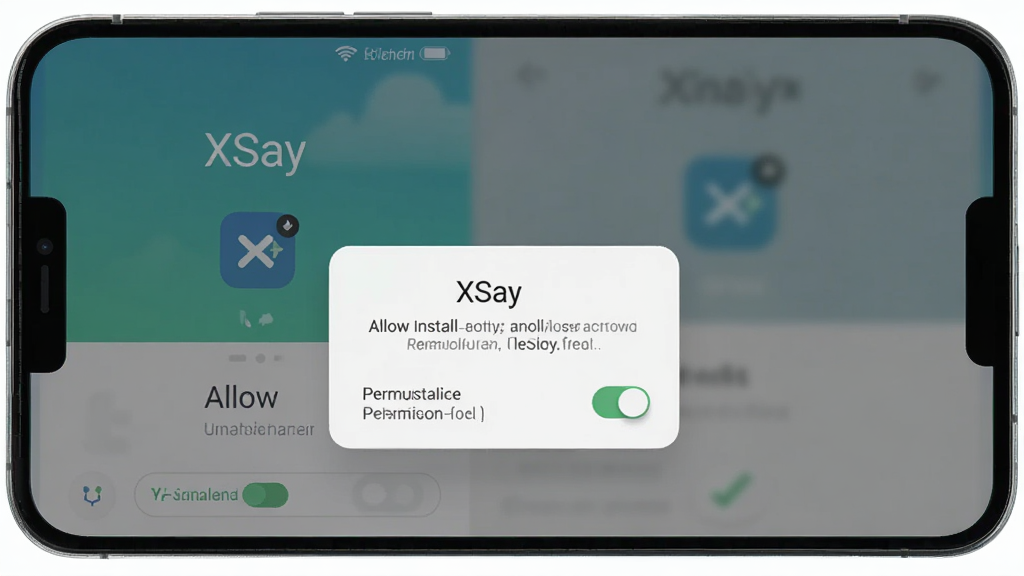 一张展示XSay安装与权限设置的示意图,主体为手机屏幕,屏幕中显示“XSay”安装界面和权限弹窗,布局为竖屏居中,风格简洁明快,细节上突出允许安装和权限开关,画质清晰干净,无多余元素