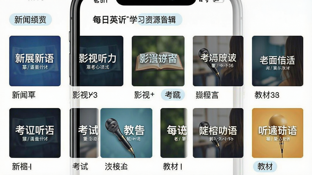 一张展示每日英语听力学习版资源分类页面的预览图,画面主体为手机屏幕中排列整齐的英语听力专辑封面,布局为网格状分布,风格清新明快,细节包含新闻、影视、考试、教材等分类标签,画质清晰干净无多余元素
