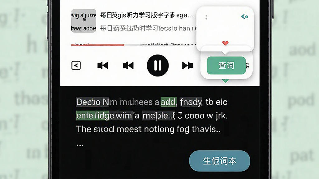 一张展示每日英语听力学习版字幕同步功能的预览图,画面主体为手机屏幕中英文音频播放界面下方显示同步字幕,布局为上下结构,风格简约扁平,细节包含高亮单词、查词弹窗、生词本按钮等元素,画质清晰干净无多余元素