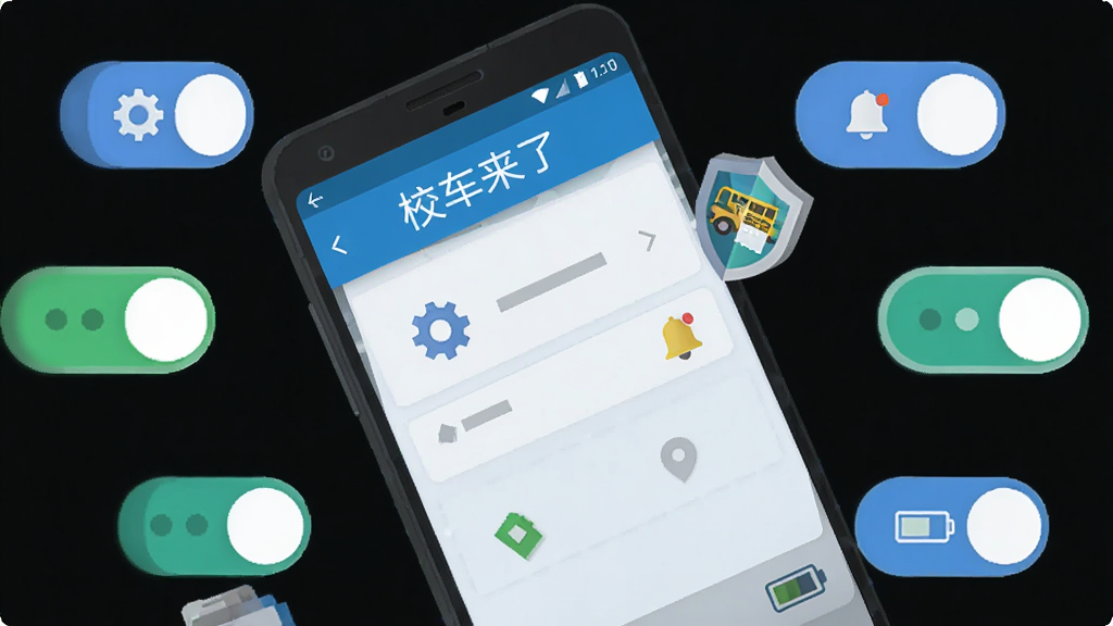 画面主体为一部安卓手机显示校车来了软件设置页面,旁边有齿轮与盾牌图标;布局为手机斜放,周围环绕权限开关图标;排版简洁,软件名称“校车来了”出现在手机顶部;风格为扁平化科技插画;细节包括定位图标、通知铃铛、电池图标;画质高清,干净,无多余元素