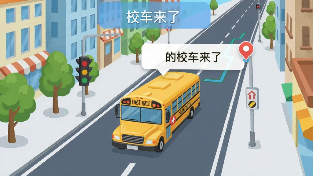 画面主体为一辆黄色校车行驶在城市道路上的地图轨迹视角,手机界面悬浮显示校车来了的实时定位窗口;布局采用斜角透视,道路从近到远延伸;排版上软件名称“校车来了”出现在界面顶部;风格为清新明快的数字插画;细节包括路边的树木、建筑、红绿灯以及定位光标;画质清晰,干净,无多余元素
