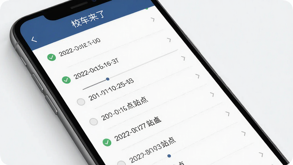 画面主体为校车来了软件中的行程历史记录列表界面,显示多条日期与时间条目;布局为手机屏幕竖向展示;排版整齐,顶部有“校车来了”字样;风格为简约商务风;细节包括对勾图标、时间轴线条、站点名称;画质清晰,干净,无多余元素