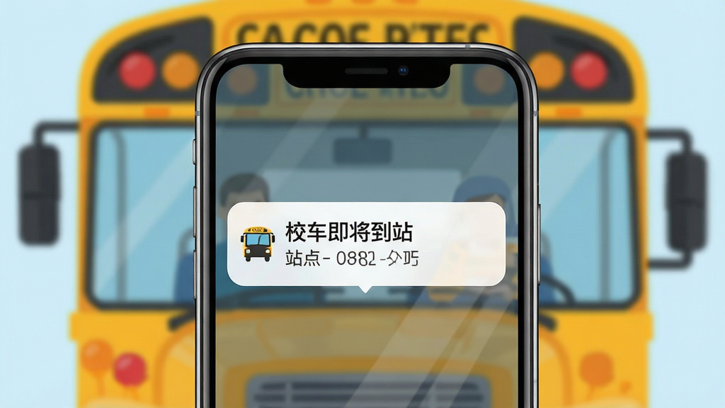 画面主体为手机通知弹窗显示“校车即将到站”提醒,背景是校车来了软件界面;布局为手机居中,弹窗从顶部滑出;排版简洁,通知文字清晰可见;风格为扁平化UI展示图;细节包括校车图标、时间显示、站点名称;画质高清,干净,无多余元素