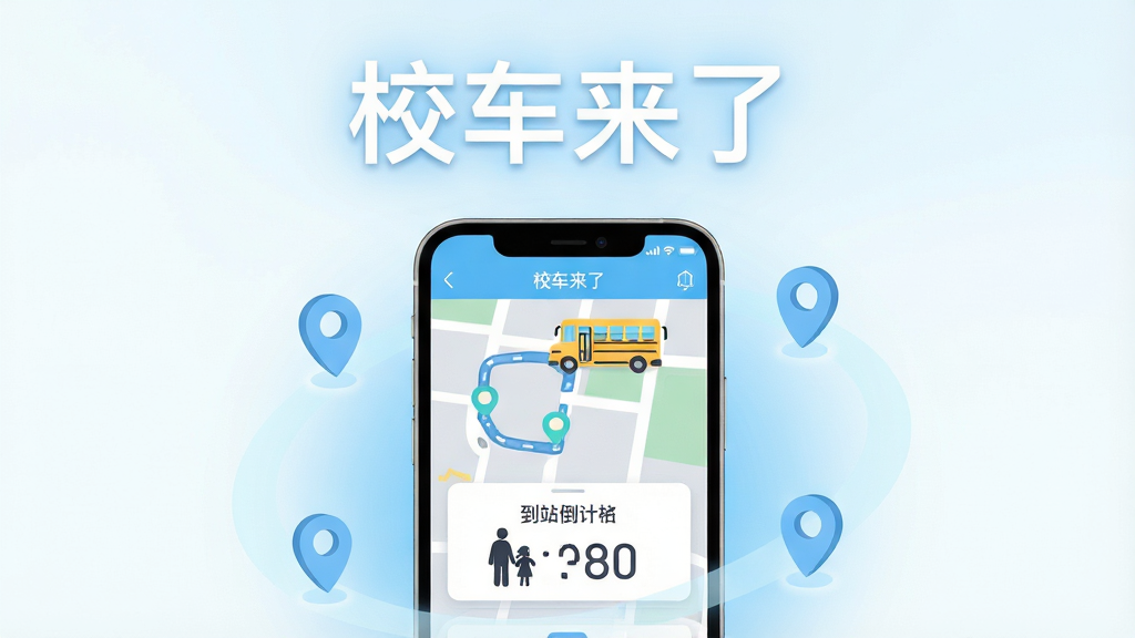 画面主体是一部智能手机屏幕显示校车来了软件界面,界面上有地图轨迹、校车图标、到站倒计时卡片;布局为手机居中放置,周围环绕淡蓝色光晕与飘浮的定位图标;排版简洁,上方留白处写有“校车来了”四个中文字;风格为现代科技感扁平插画,配色以天蓝、白色、浅灰为主;细节包括校车卡通形象、道路线条、家长与孩子剪影;画质高清,干净,无多余元素
